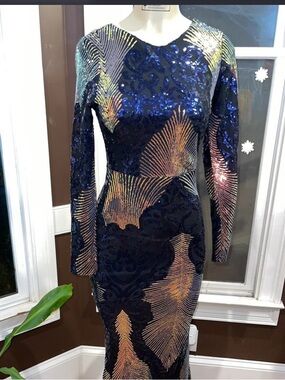 Navy Sequin Long Sleeve Bodycon Dress